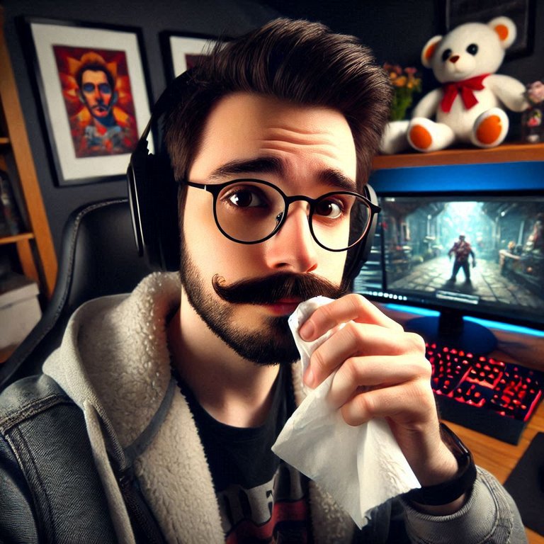 un créateur de contenu portant fine moustache et petit bouc ainsi que lunettes, devant son ordinateur, et qui annule un live twitch car il est enrhummé.jpg