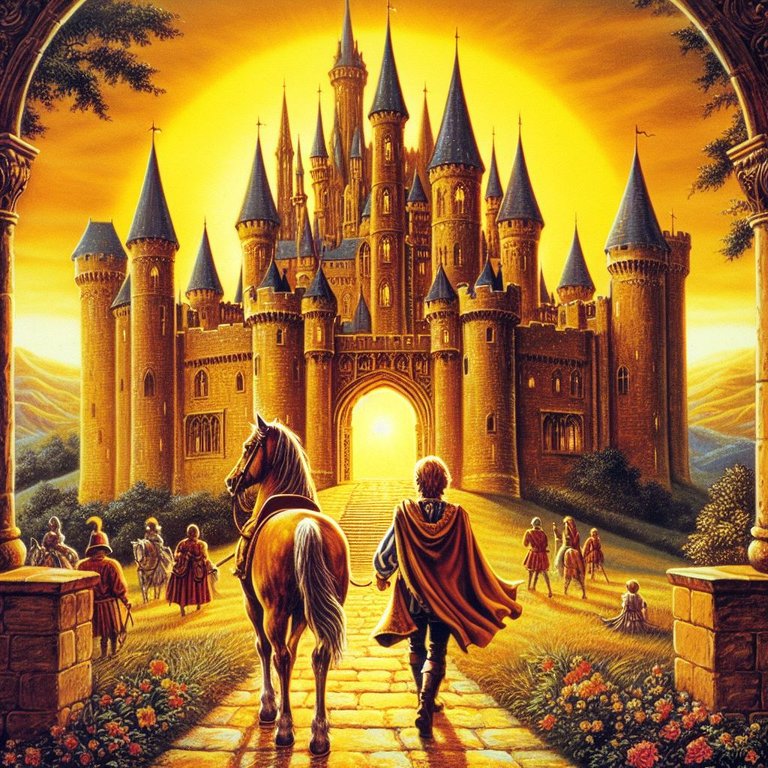 Quote utilisé : The prince heading back to his big medieval castle, on a golden coloured background, 1970's 