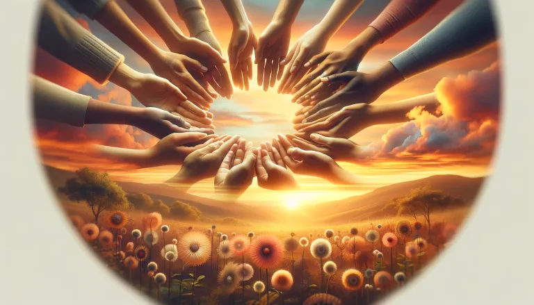 DALL·E 2024-02-08 22.30.49 - A serene landscape with a foreground of diverse hands holding each other in a circle, symbolizing unity and kindness, against a backdrop of a warm sun.png