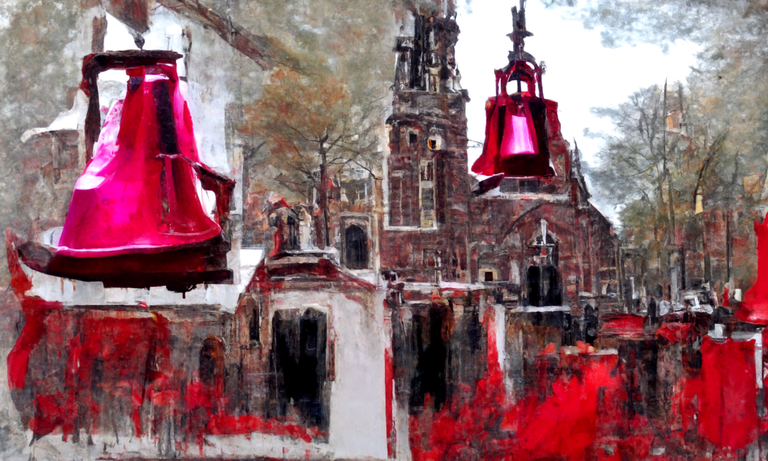 "The Church Bells of Zuiderkerk Amsterdam in style of Rembrandt van Rijn", "red color scheme"