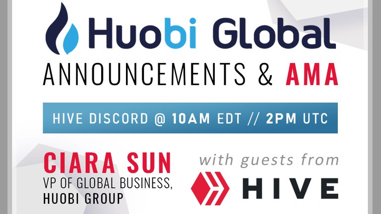 Live chat and announcements from Huobi Global's Ciara Sun with Hive community!