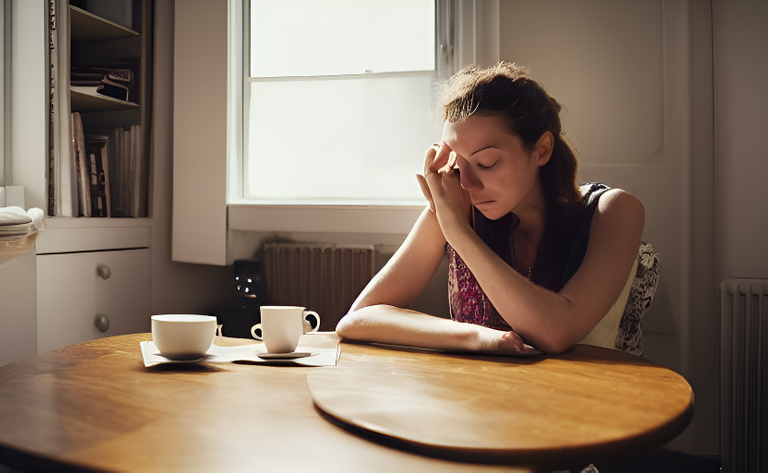 a beautiful  sad brown haired woman sits in a london flat at a table. the table has an old style rotary te 815970068.png