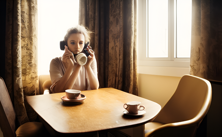 a beautiful  sad brown haired woman sits in a london flat at a table. the table has an old style rotary telephone and two cu 1810314893.png