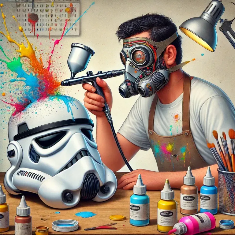 DALL·E 2025-02-05 16.58.56 - A humorous digital illustration of a person using an airbrush gun on a Stormtrooper helmet placed on a table. The person has NO mask, and their face i.webp