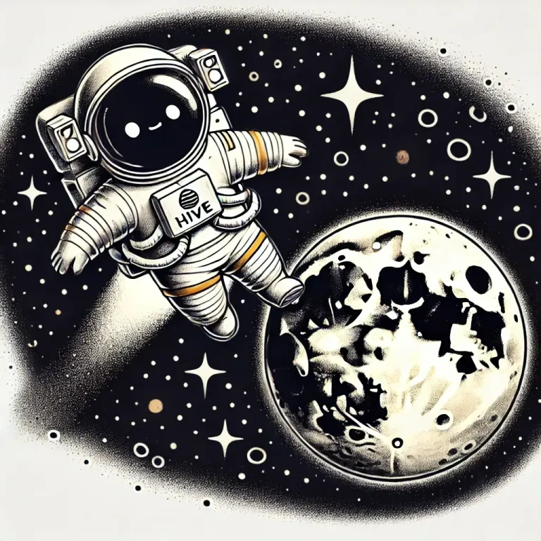 DALL·E 2025-01-06 08.28.08 - A whimsical cartoon of an astronaut floating in space, nearing the moon. The astronaut's suit is detailed with a prominent 'HIVE' label on the helmet.webp