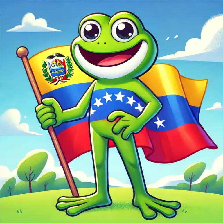 DALL·E 2025-01-09 17.29.44 - A cartoon illustration of 'El Sapo Pepe,' a cheerful green frog character with a big smile, standing and holding the flag of Venezuela. The flag featu.webp