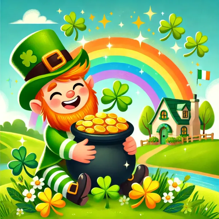 DALL·E 2025-03-17 09.43.44 - A festive St. Patrick's Day illustration featuring a cheerful leprechaun holding a pot of gold, surrounded by four-leaf clovers and a rainbow. The bac.webp