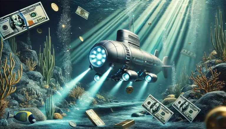 DALL·E 2025-01-27 16.11.15 - A futuristic metallic gray submarine with bright lights on the front, navigating the deep ocean. The water is dark with deep blue and green tones, ill.webp