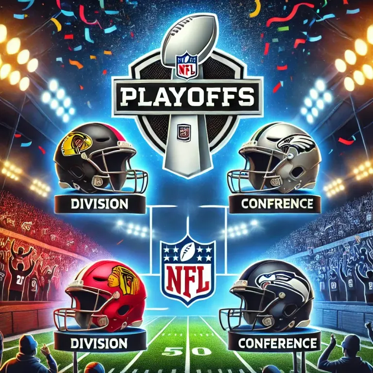 DALL·E 2024-12-30 08.01.25 - A vibrant illustration showcasing the NFL playoffs. The artwork features a dramatic American football field under stadium lights, with helmets represe.webp