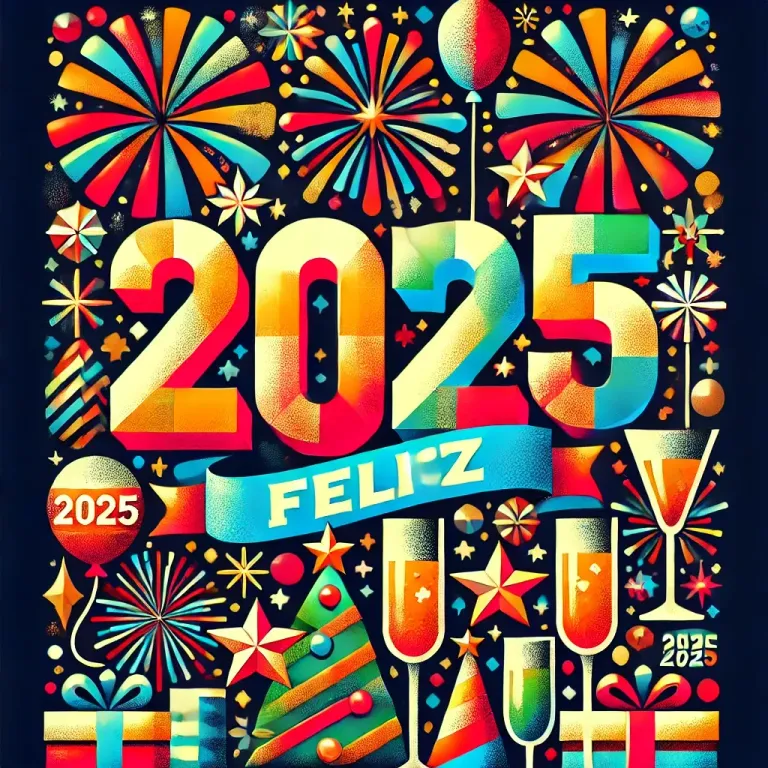 DALL·E 2024-12-31 07.42.24 - A vibrant and cheerful festive poster with the correct text 'FELIZ 2025' in bold, sparkling letters. The background features colorful fireworks, confe.webp