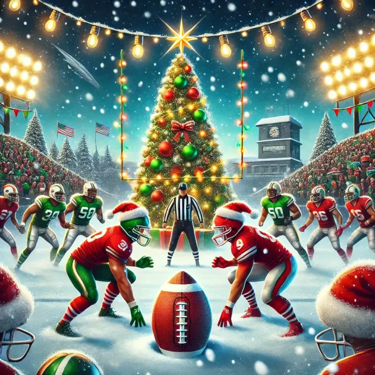 DALL·E 2024-12-24 08.47.55 - A festive illustration combining the spirit of Christmas and professional football. The scene shows a snowy football field adorned with holiday decora.webp