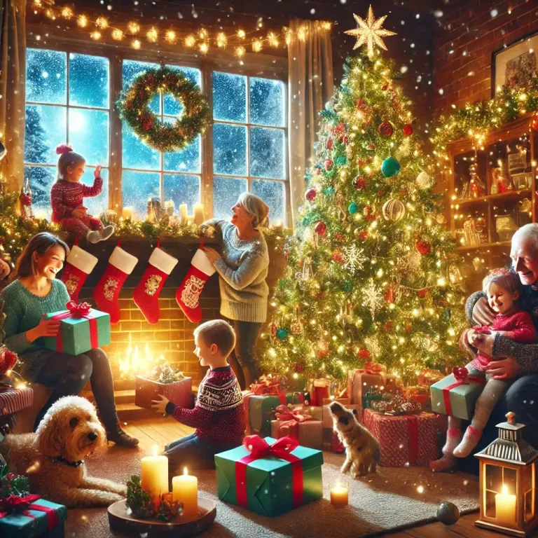 DALL·E 2024-12-24 08.51.39 - A joyful Christmas celebration scene in a cozy living room. A beautifully decorated Christmas tree with glowing lights and ornaments stands next to a .webp