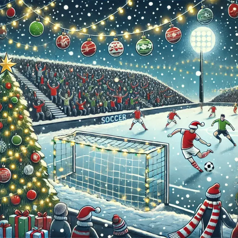 DALL·E 2024-12-24 08.49.56 - A festive illustration combining the spirit of Christmas and soccer. The scene shows a snowy soccer field decorated with holiday ornaments, a Christma.webp