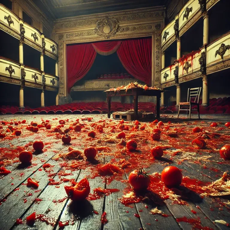 DALL·E 2025-01-27 08.07.54 - A theatrical stage covered in smashed and splattered tomatoes, with no props or objects except the broken vegetables on the wooden floor. The scene is.webp