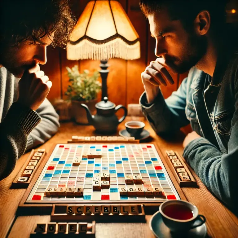 DALL·E 2025-02-26 07.58.16 - Two players engaged in an intense game of Scrabble, sitting across from each other at a wooden table. The board is filled with various words, and both.webp