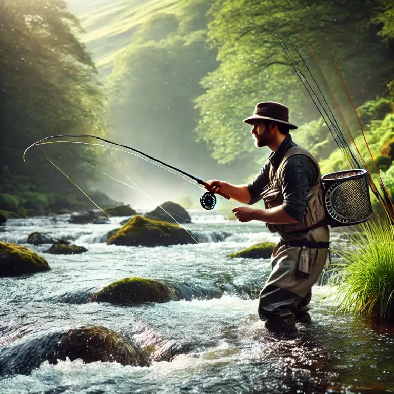 DALL·E 2025-02-18 08.39.06 - A fly fisherman wading in a fast-flowing river, fully equipped with fishing gear. He is wearing waders, a vest filled with fishing tools, and a wide-b.webp