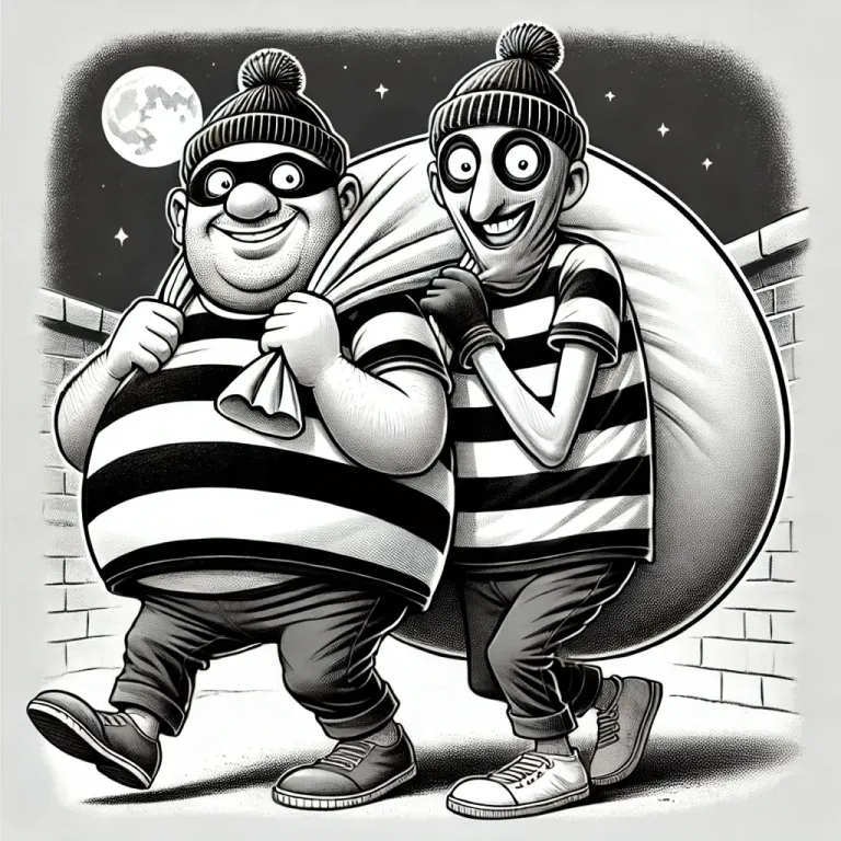 DALL·E 2025-01-14 09.28.49 - A humorous cartoon illustration of two comical thieves carrying a plain, smaller sack without any symbols or markings. The thieves are dressed in ster.webp