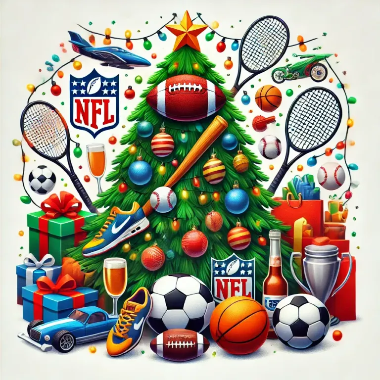 DALL·E 2024-12-31 07.45.54 - A festive illustration featuring a Christmas tree surrounded by gifts, with sports-themed decorations. At the base of the tree are various sports item.webp