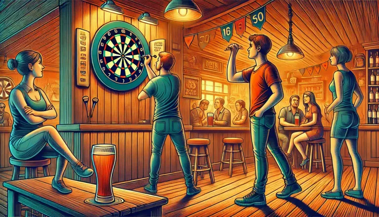 DALL·E 2025-01-07 08.15.59 - A vibrant illustration of two people playing darts in a cozy pub setting. The scene features one person aiming a dart at a traditional dartboard mount.webp