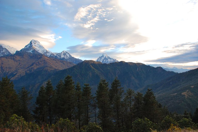 Sun rising over Annapurna South (7219m), Hiunchuli (6441m) and Machapuchare (6993m)