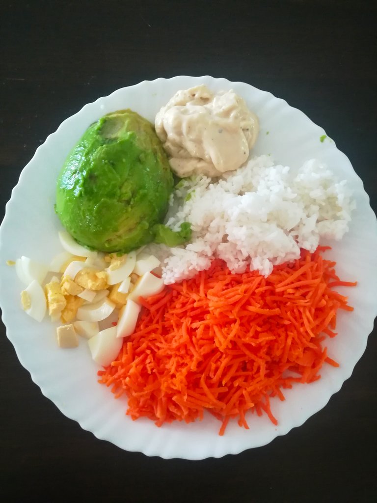 Carrots, Boiled Egg, Avocado, Homemade Garlic Mayonnaise and Cold Rice