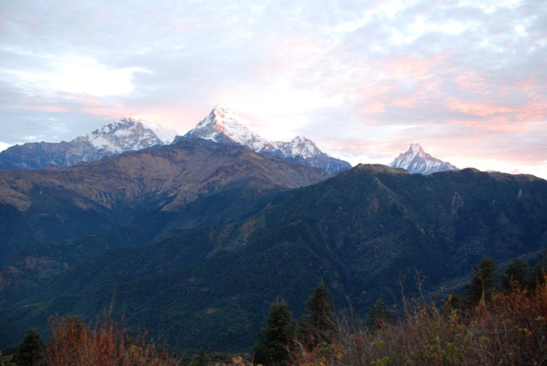 Sun rising over Annapurna Fang (7647m), Annapurna South (7219m), Hiunchuli (6441m) and Machapuchare (6993m)