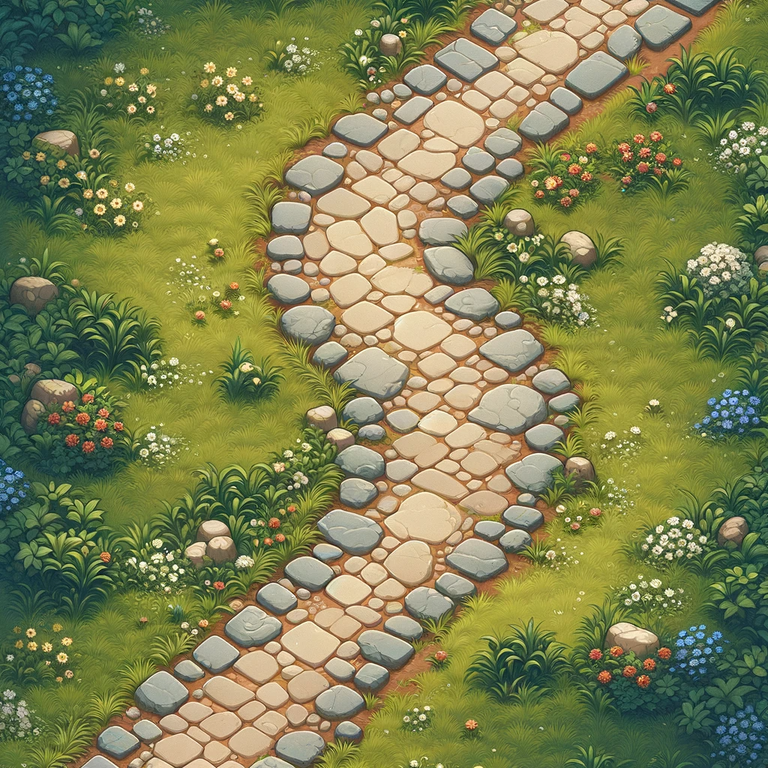 DALL·E 2023-12-01 11.27.39 - A continuation of a stone and dirt path viewed from above, extending the path further with small flowers and grass patches along the sides, creating a.png