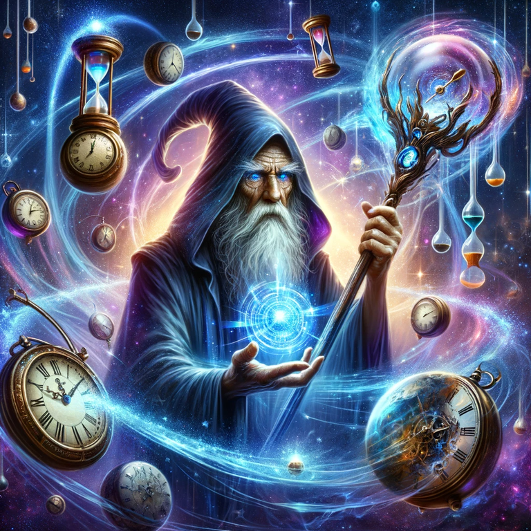 DALL·E 2023-12-08 23.35.40 - Digital painting of the Timeless Mage, an elder wizard with a futuristic magic staff. The mage is casting a time-warping spell, surrounded by floating.png