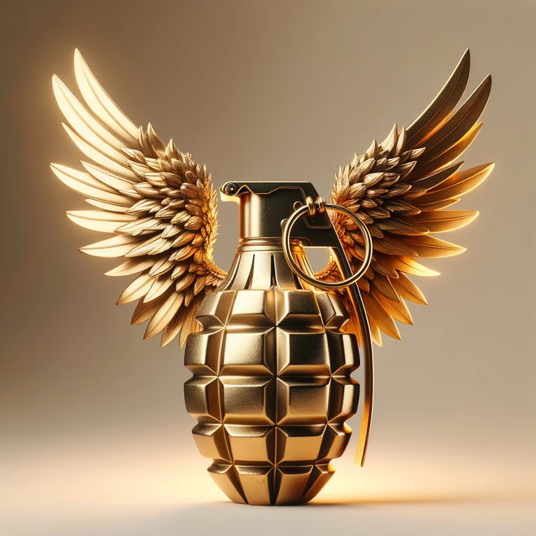 DALL·E 2023-10-26 17.31.17 - Supreme Victory Studios branding_ Gleaming golden grenade, with majestic wings outstretched, placed on a neutral toned setting.png