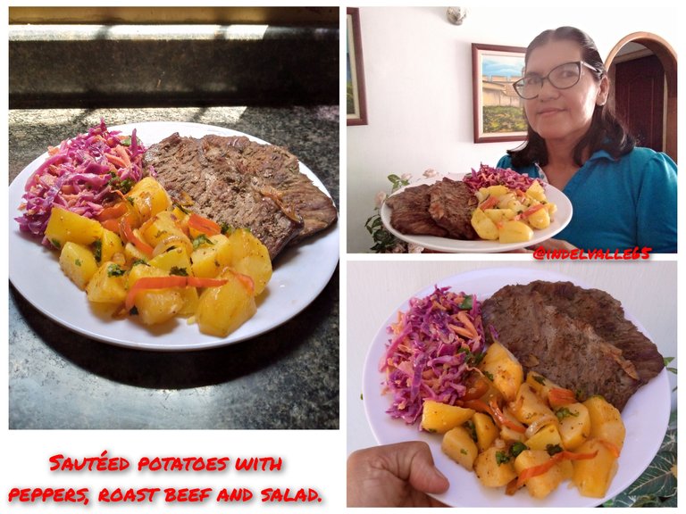A balanced lunch: sautéed potatoes with peppers, grilled steak and salad. [Esp-Eng]