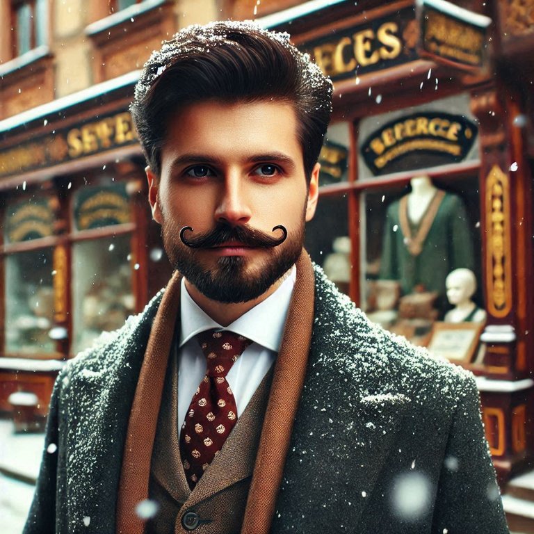 A rich modern merchant wearing small goatee and moustache under falling snow in front of his esoteric shop, in the street.jpg