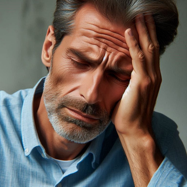 a 50-year-old man, visibly burdened by pain, showing the toll of age and its challenges