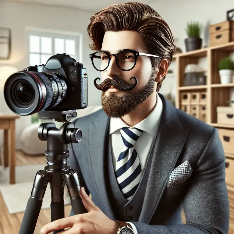 DALL·E 2025-03-12 09.32.39 - A photorealistic depiction of the same wealthy man with a very fine mustache, a small goatee, and glasses, wearing elegant attire, filming videos for .webp