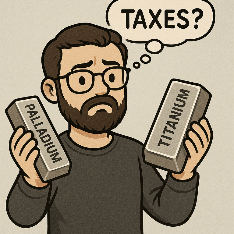 Dessine mon avatar portant un lingot de palladium dans une main et un lingot de titane dans l'autre et un texte _ _Taxes__ dans une bulle de pensée au dessus de sa tête.png