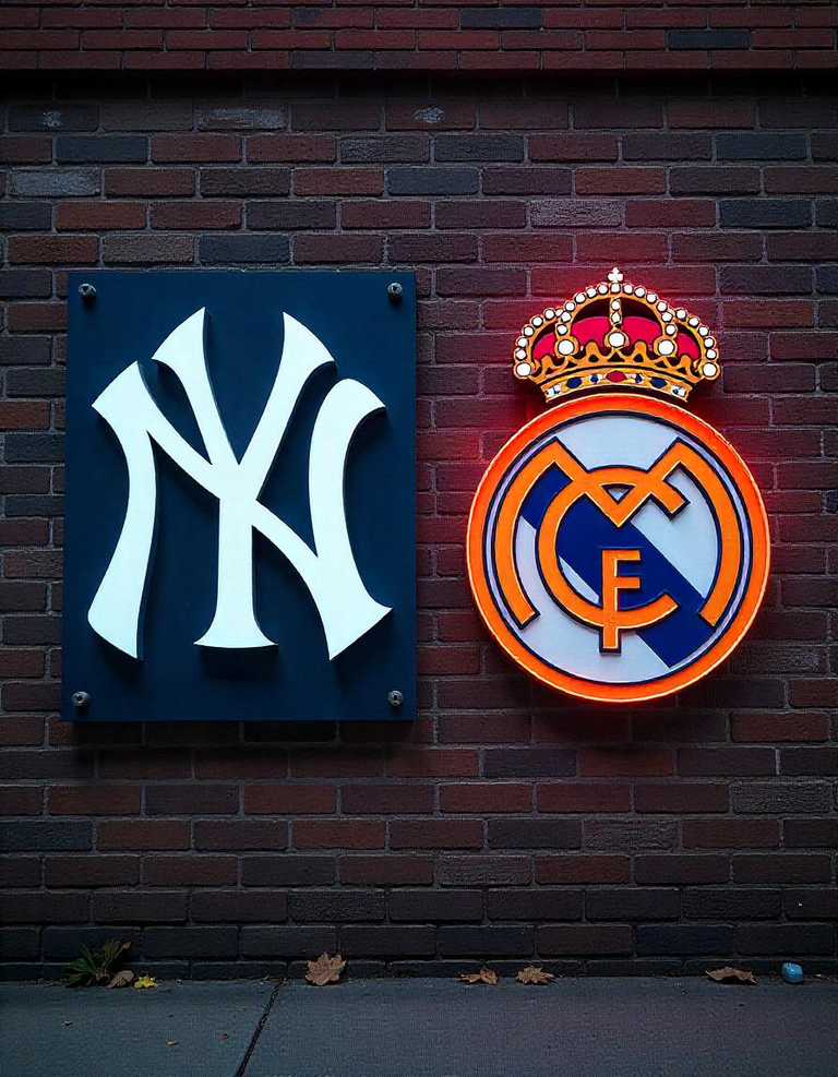 Montaje artístico de los logos de New York Yankees y Real Madrid en una pared de ladrillos.