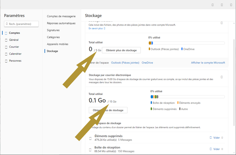 image prise après nettoyage expliqué dans ce post, donc tout à zéro, mais je voulais montrer les 5 et 15 go offerts... Vous y voyez aussi l'information sur le stockage des attachements sur les 15Go, pas sur les 5Go