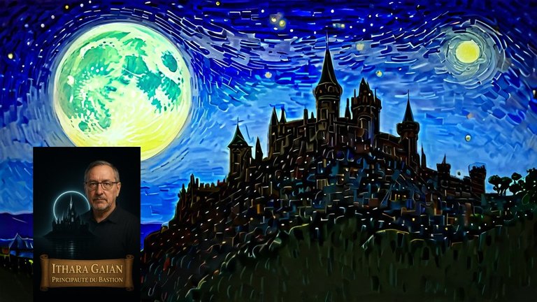 Vue sur le Bastion un soir de pleine lune imaginée par le prince, en huile sur toile.