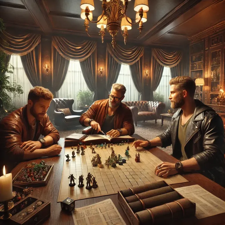 DALL·E 2024-10-26 11.40.38 - A photorealistic scene of a 45-year-old man and two young men, around 25 years old, playing a tabletop role-playing game, like Dungeons & Dragons, in .webp