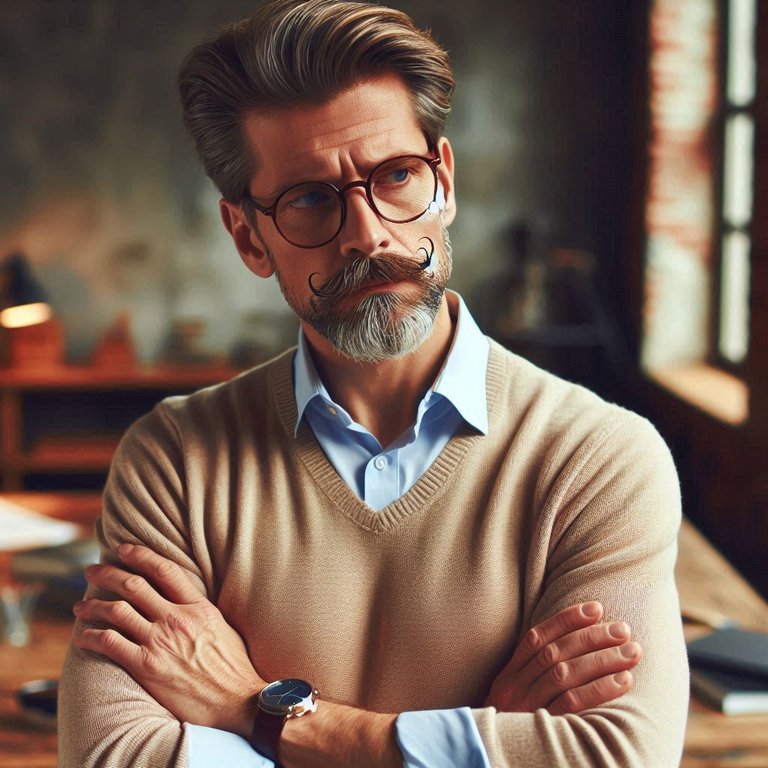 un homme de 45 ans, richement vêtu, avec fine moustache, bouc fin et lunettes, se croisant les bras, résolu à ne rien vouloir faire aujourdui.jpg