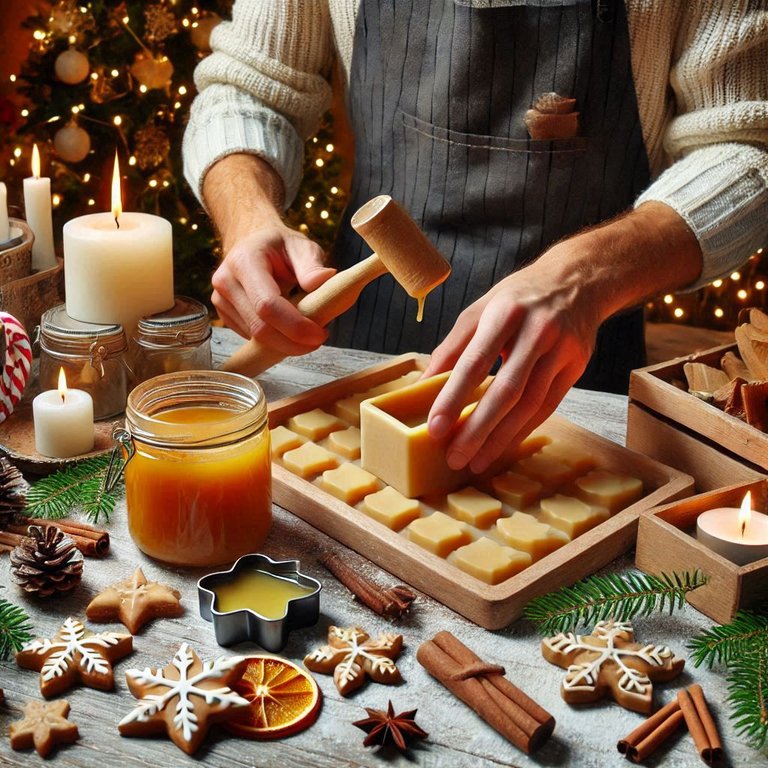 un artisan cirier préparant des bougies en pots aux parfums de biscuits de noël en photo réaliste.jpg