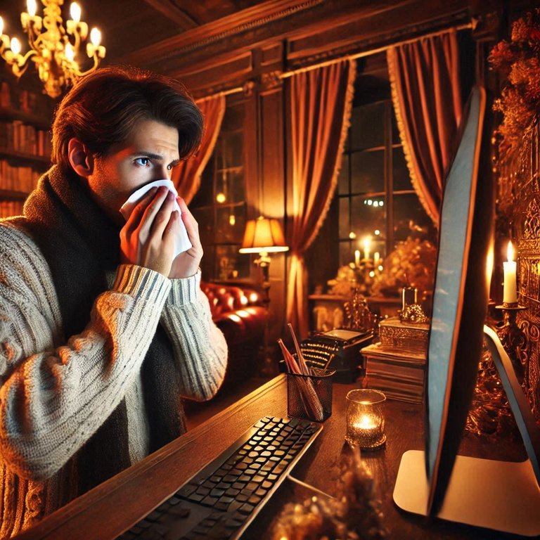 A person in winter indoor clothing, visibly sick, blowing their nose in front of a computer in a richly decorated office with warm dim lighting.jpg