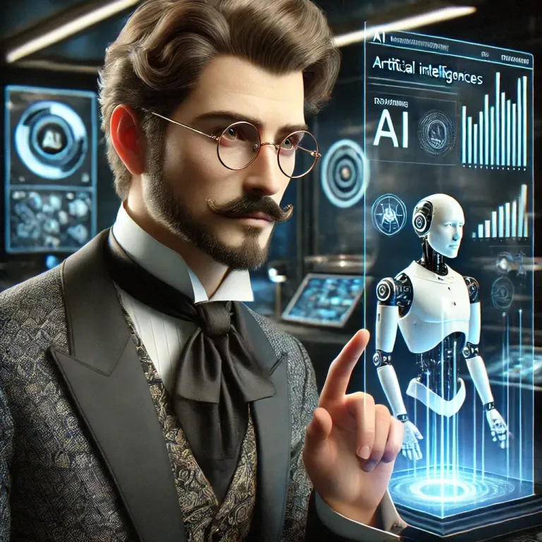 DALL·E 2025-02-23 10.08.12 - A photorealistic depiction of the same wealthy man with a very fine mustache, a small goatee, and glasses, wearing elegant attire, training with artif.webp