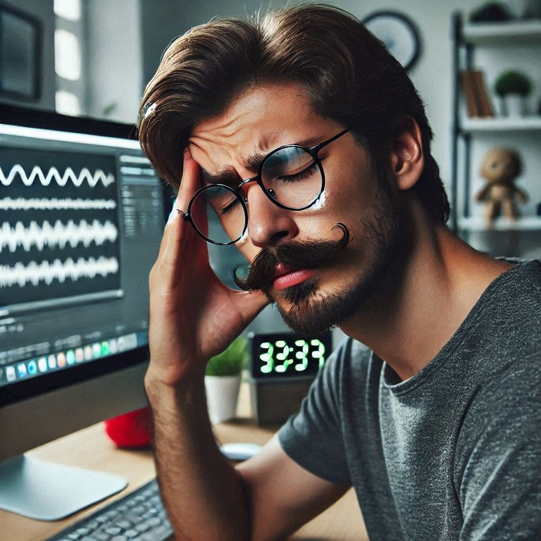 un créateur de contenu portant fine moustache et petit bouc ainsi que lunettes, devant son ordinateur, qui semble souffrir de migraine.jpg