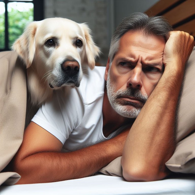 Quote: homme de 50 ans dans son lit réveillé par le chien du voisin qui aboie constamment, agacé.