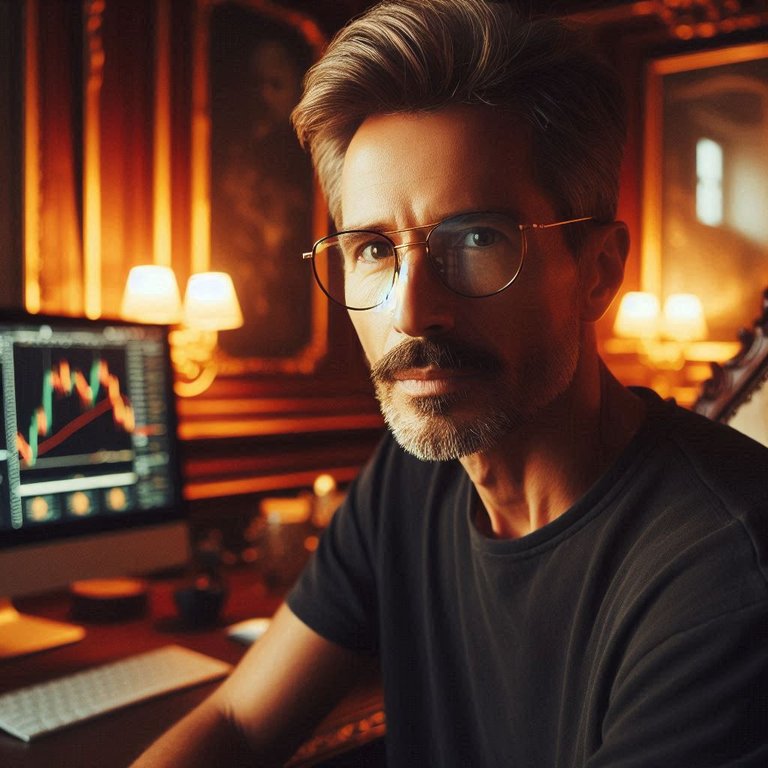 un homme de 45 ans avec petit bouc, fine moustache et lunettes. Il est dans son bureau richement décoré dans une pénombre chaude. Il joue à faire le trader sur des cryptomonnaies via son ordinateur..jpg