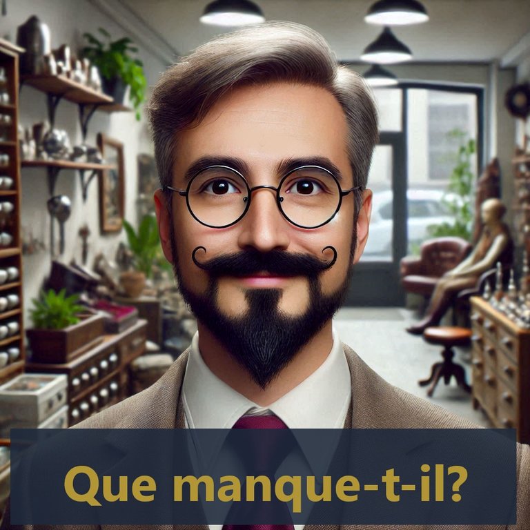 un vendeur dobjets ésotériques portant une fine moustache, petit bouc et lunettes, souriant malgré tout, en costume cravate soigné.jpg