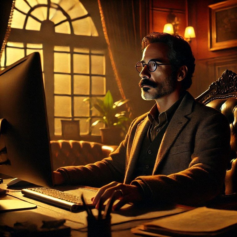 un homme de 45 ans avec petit bouc, moustache fine et lunettes, qui regarde la série LOST sur son PC à son bureau richement décoré dans une pénombre chaude, seul dans le bureau.jpg