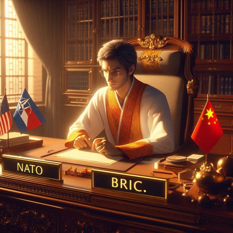 un avatar assis à son bureau richement décoré, qui hésite entre l' OTAN et le BRICS, dans une pénombre chaude