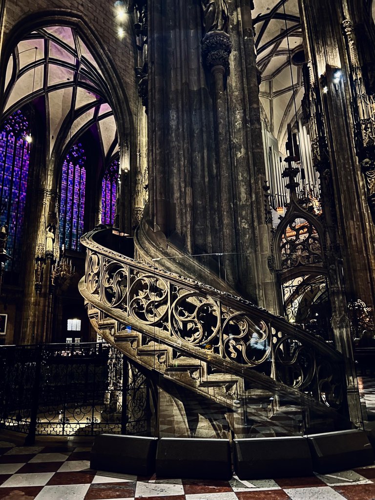 Beautiful staircase at The Candles Corner in St. Stephen's Cathedral, Vienna, Austria, December 2023