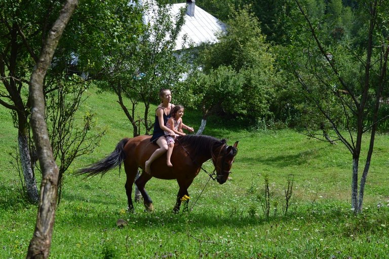 Stela the most amazing horse, letting one to ride her without any equipment. In this picture is Radha, a lil girl I used to babysit back to Romania, more than 15years ago, and me. One of our coolest day together in nature
. 